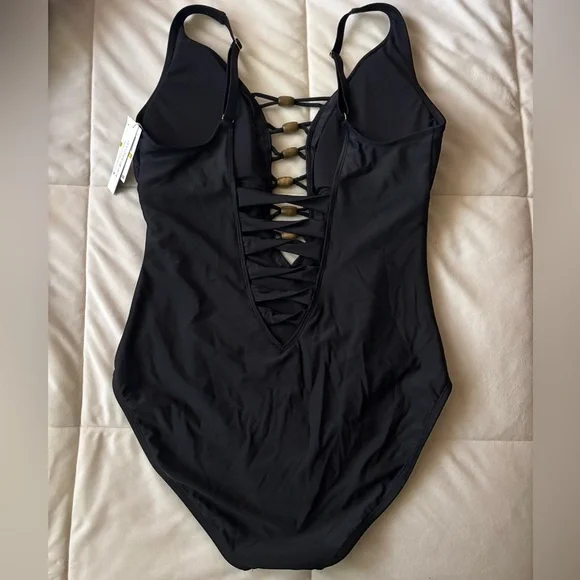 Black One-Piece Swimsuit with Decorative Front Straps - Picture 2 of 3